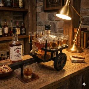 Стъклено буре на дървена каручка