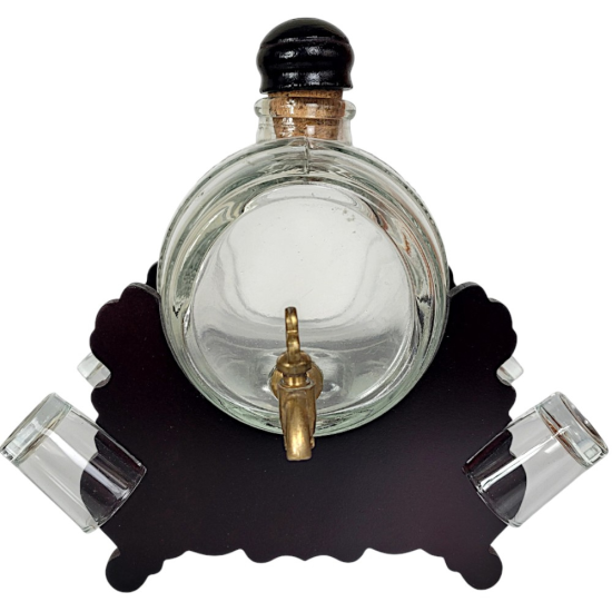 Комплект за Ракия с Чаши Стъклено буре за алкохол с вместимост 1000 мл на тъмна дървена стойка с четири чаши