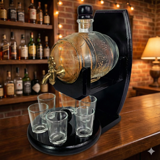 Стъклено буре за ракия с месингова канелка, монтирано върху черна въртяща се дървена стойка