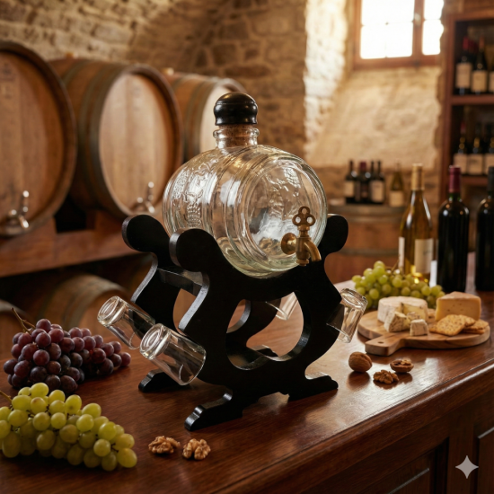 Стъклено буре за ракия с вместимост 1 литър, разположено на черна дървена стойка с четири чаши