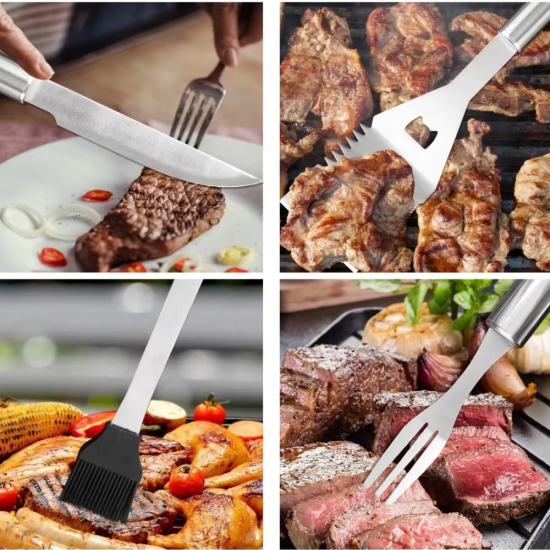 Професионални прибори за грил, изработени изцяло от неръждаема стомана с дълги дръжки за безопасност