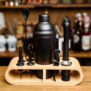 Бармански комплект 11 части с дървена поставка - Black