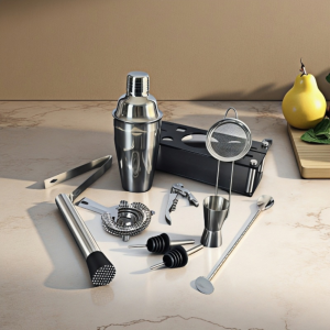 Луксозен бармански комплект от стомана с шейкър и стойка