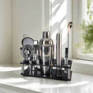 Луксозен бармански комплект от стомана с шейкър и стойка