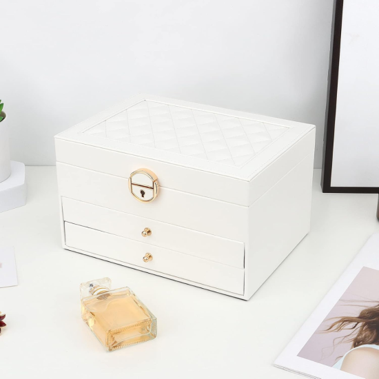 Бяла кутия за бижута Teno от еко кожа с три нива и множество отделения за пръстени, обеци и гривни