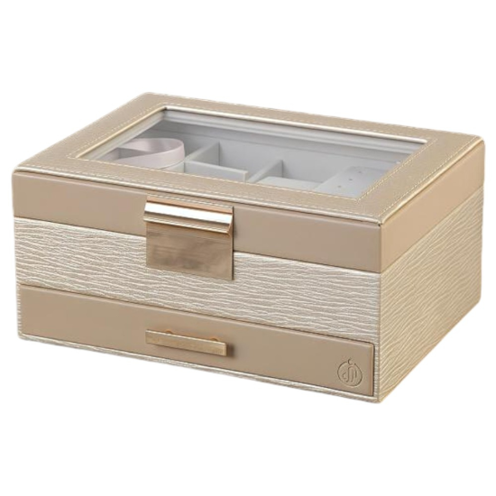 Бежова кутия за бижута от еко кожа със стъклен капак