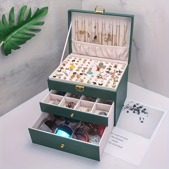 луксозна кутия за съхранение на накити с две чекмеджета и златист обков