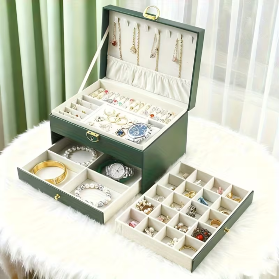 луксозна кутия за съхранение на накити с две чекмеджета и златист обков