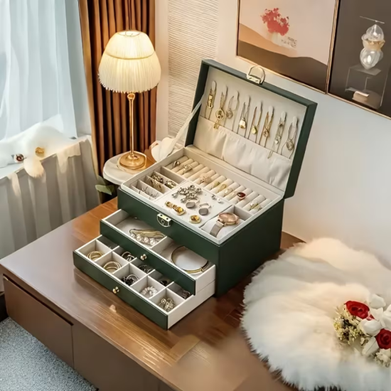 луксозна кутия за съхранение на накити с две чекмеджета и златист обков