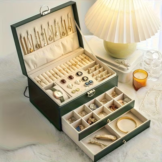 луксозна кутия за съхранение на накити с две чекмеджета и златист обков