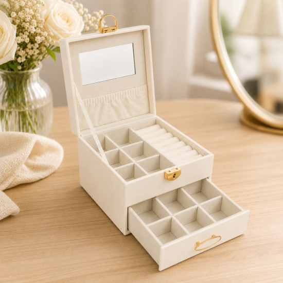 Кремава кутия за бижута на две нива с чекмедже и огледало
