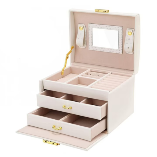 бяла кожена кутия за бижута Vanilla Sky с дръжка и златист обков