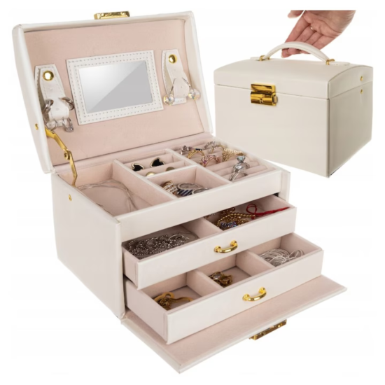 бяла кожена кутия за бижута Vanilla Sky с дръжка и златист обков