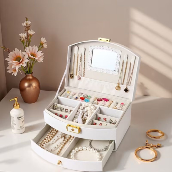 отворен органайзер White Pearl с огледало куки за колиета и чекмедже