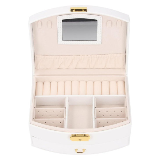 Перфектният акцент за всяка тоалетка отворен органайзер White Pearl с огледало куки за колиета и чекмедже