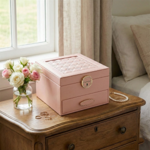 Елегантна кутия за бижута розова еко кожа 16х16см