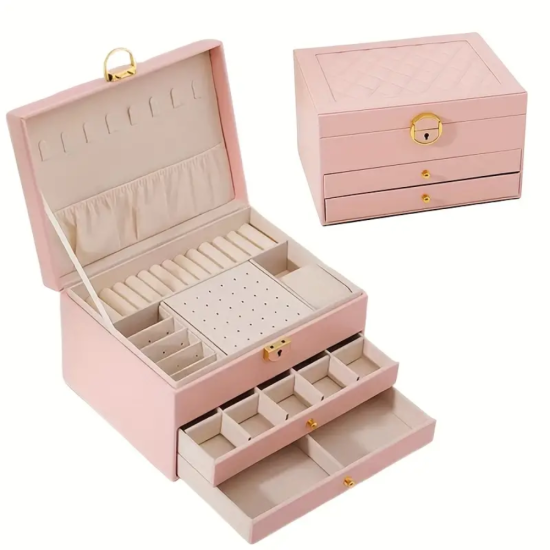 Розова кутия за бижута от еко кожа с три нива и множество отделения за пръстени и обеци