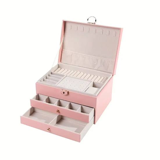 Розова кутия за бижута от еко кожа с три нива и множество отделения за пръстени и обеци