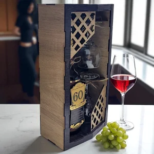 Луксозна дървена кутия с вино и чаши за "Честит 60-ти юбилей"
