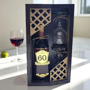 Луксозна дървена кутия с вино и чаши за "Честит 60-ти юбилей"