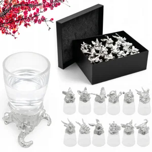 Луксозен комплект от 12 шот чаши "Китайски зодиак" със сребърни основи