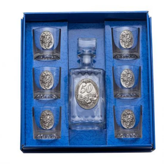 Луксозен сервиз за уиски 50 юбилей, включващ гарафа 1000мл и 6 чаши 200мл, със сребърна плочка