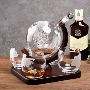 Стъклен Диспенсър за Уиски с Чаши – Oak & Steel World Globe