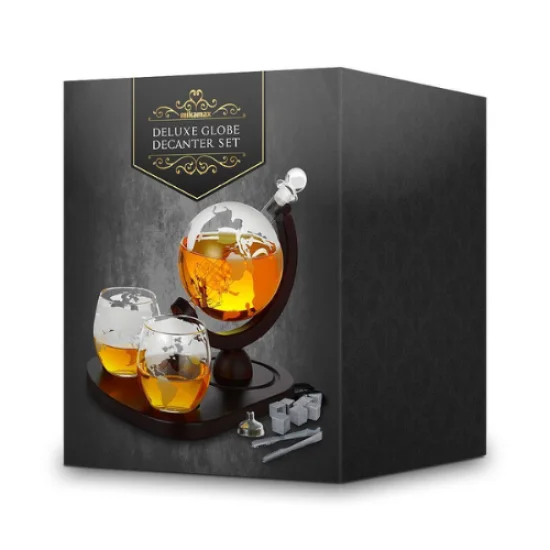 Глобус декантер сет Deluxe с 2 чаши, дървена поставка и аксесоари за уиски