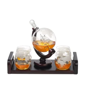 Стъклен декантер за уиски глобус с поднос и чаши