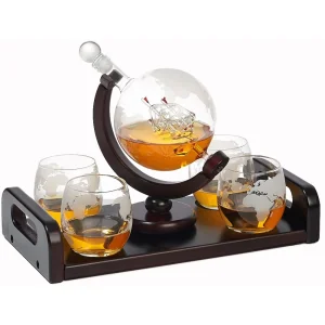 Стъклен декантер за уиски глобус с поднос и чаши