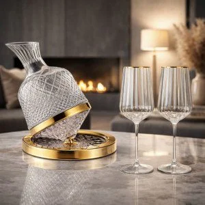 Въртящ се декантер за вино с 2 чаши и златна основа