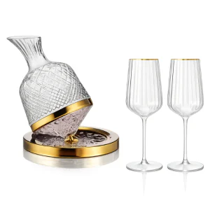 Въртящ се декантер за вино с 2 чаши и златна основа