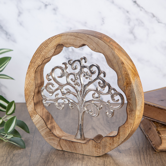 кръгла декоративна статуетка дървото на живота от масивно дърво и алуминий