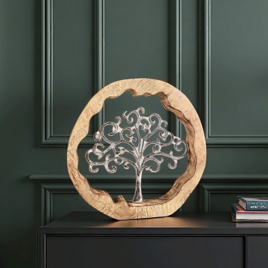 кръгла декоративна статуетка дървото на живота от масивно дърво и алуминий