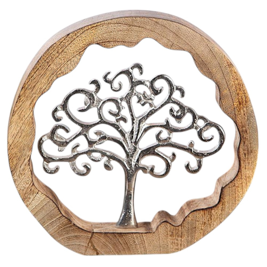 кръгла декоративна статуетка дървото на живота от масивно дърво и алуминий