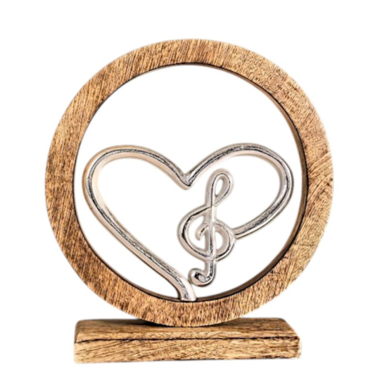 Символ на хармонията Кръгла дървена статуетка с вградено метално сърце и солов ключ