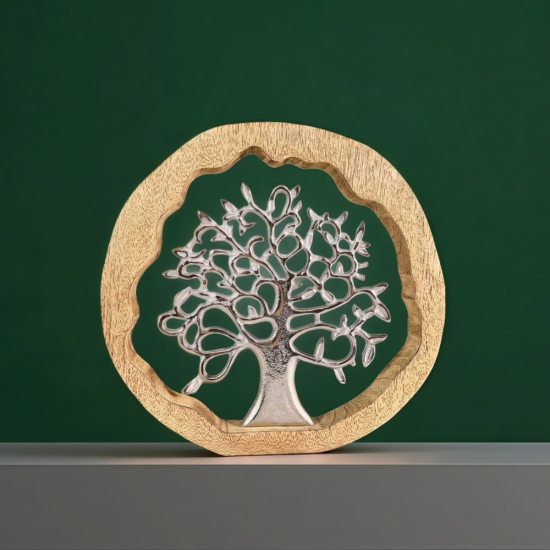 кръгла декоративна статуетка дървото на живота с дървена рамка и сребристо дърво
