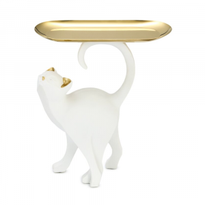 Декоративна фигура"Бяла котка със златен поднос"