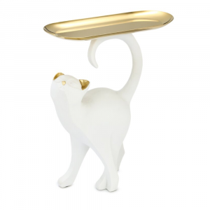 Декоративна фигура"Бяла котка със златен поднос"