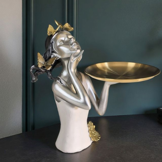 Статуетка момиче със златен поднос за ключове в антрето