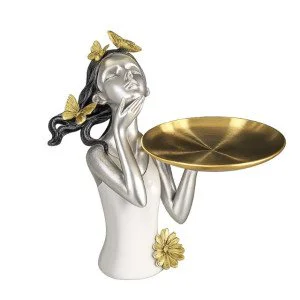 Статуетка момиче със златен поднос за ключове и бижута