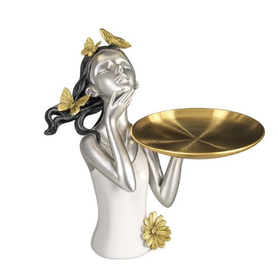 Статуетка момиче със златен поднос за ключове в антрето