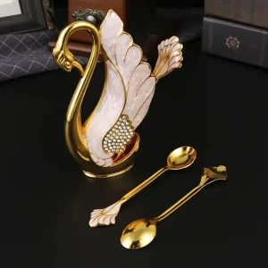 Комплект Лебед с 6 златни лъжички и поставка