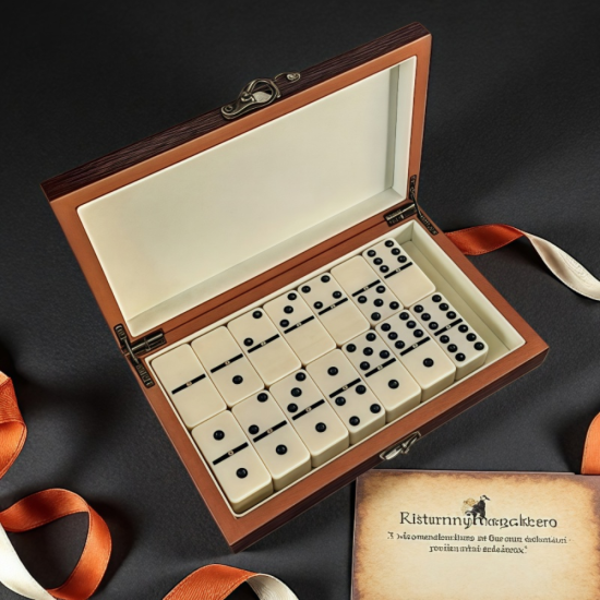 Отворена дървена кутия с подредени бели плочки за домино и метална закопчалка