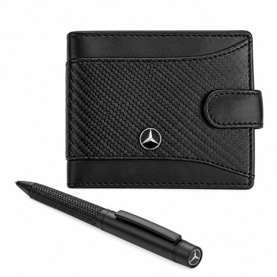 Черен мъжки портфейл с лого на Mercedes и химикалка в луксозна кутия Silver Flame