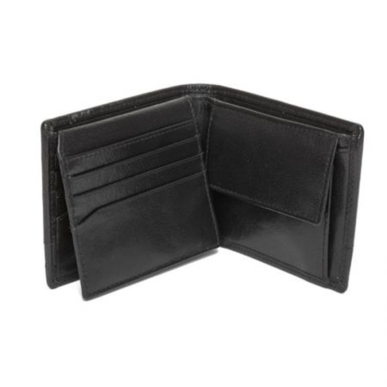 Стилен мъжки комплект от черен кожен портфейл и колан с метална тока.