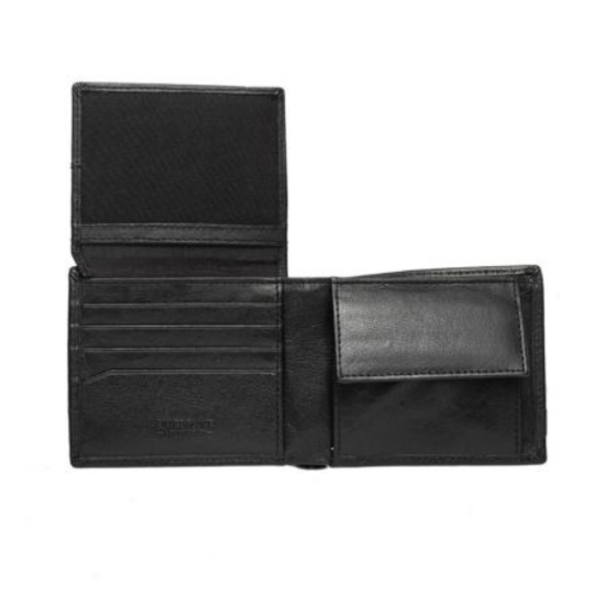 Стилен мъжки комплект от черен кожен портфейл и колан с метална тока.