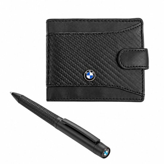 Кожен мъжки портфейл с емблема на BMW и черна химикалка в кутия със синьо легло