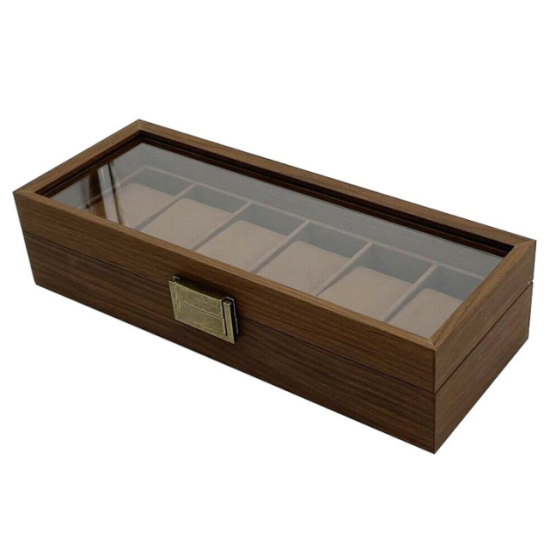 дълга дървена кутия за съхранение на шест часовника със стъклен капак и бронзова закопчалка