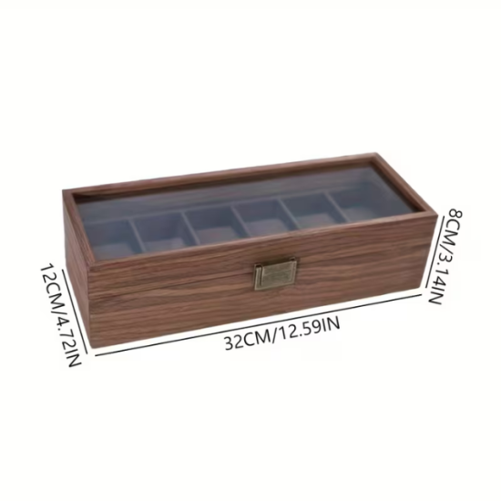 дълга дървена кутия за съхранение на шест часовника със стъклен капак и бронзова закопчалка